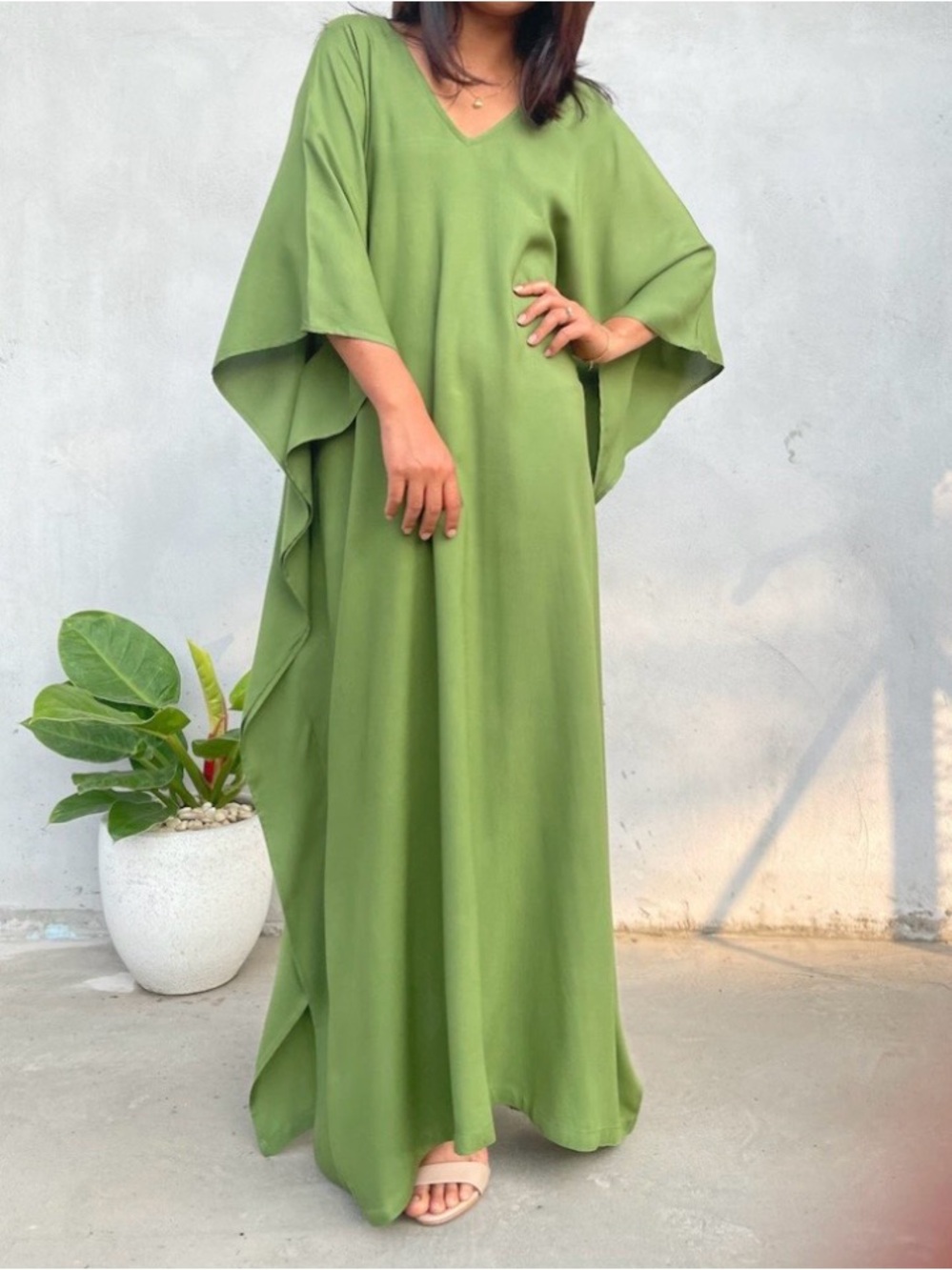 Olive Avocado Green Flowing Boho Kaftan Beach Cover Up Dress